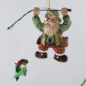 Santa Claus Fishing Bearded Fisherman Hanging Christmas Ornament Funny